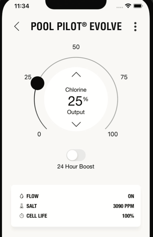 Screen of PoolSync  app displaying 'Pool Pilot Evolve' with chlorine output settings.