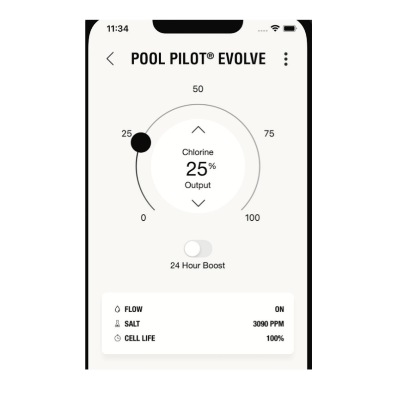 Screen of PoolSync  app displaying 'Pool Pilot Evolve' with chlorine output settings.