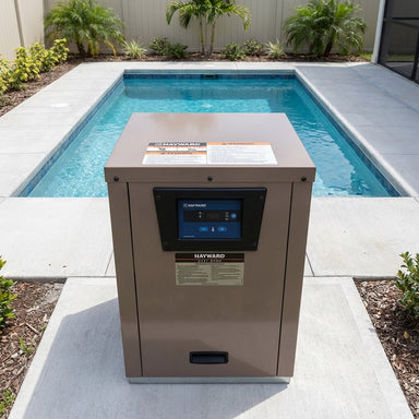 Hayward H135 pool heater by a pool