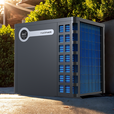 Pool heat pump in a sunny driveway