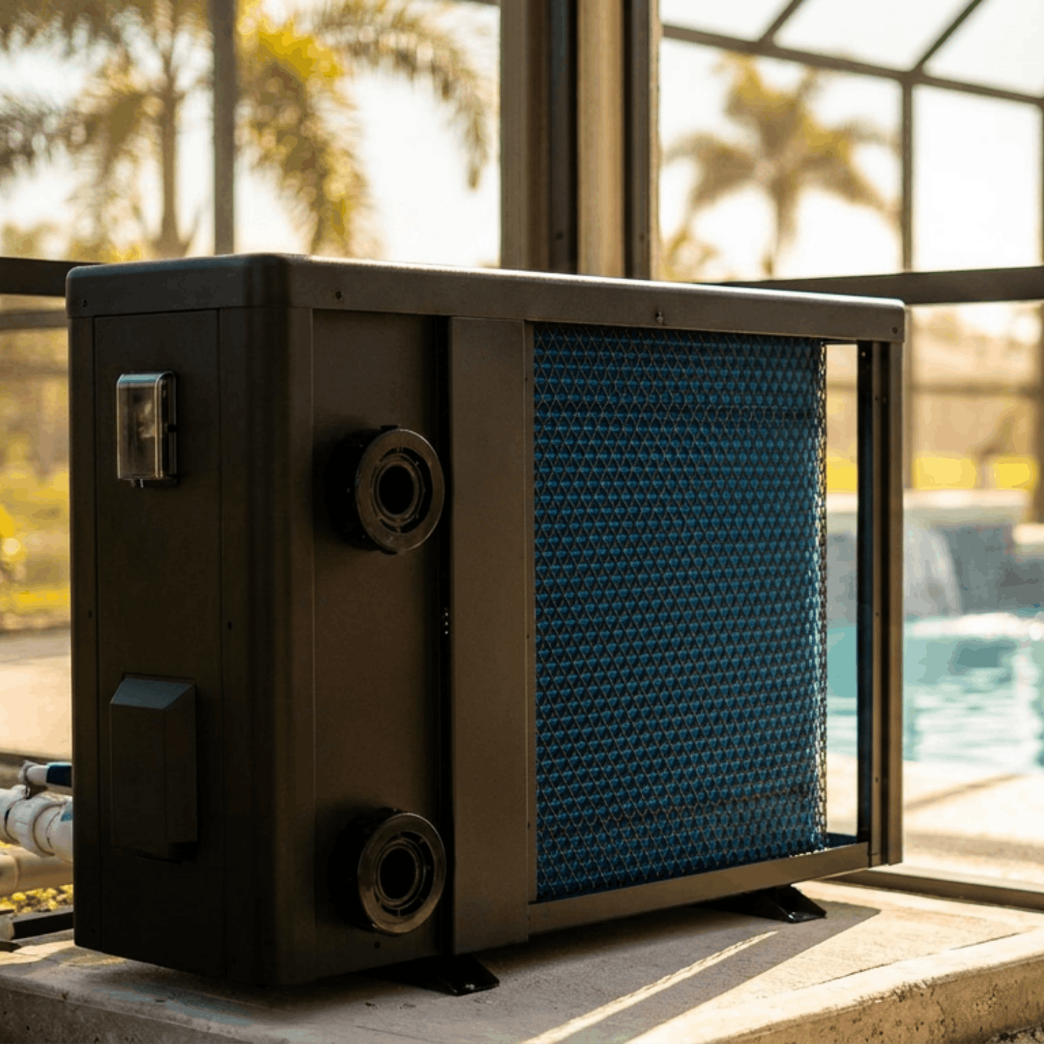 Back of the Madimack swimming pool heat pump InverECO 32K BTU