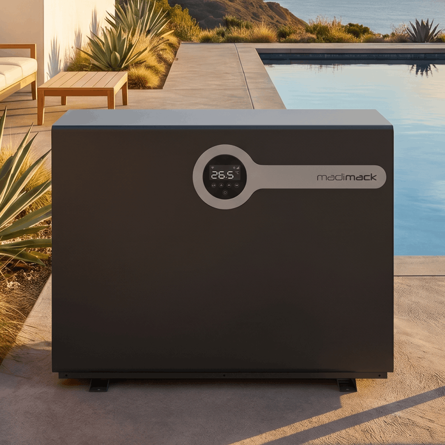 Madimack InverElite 84K BTU heater poolside closeup