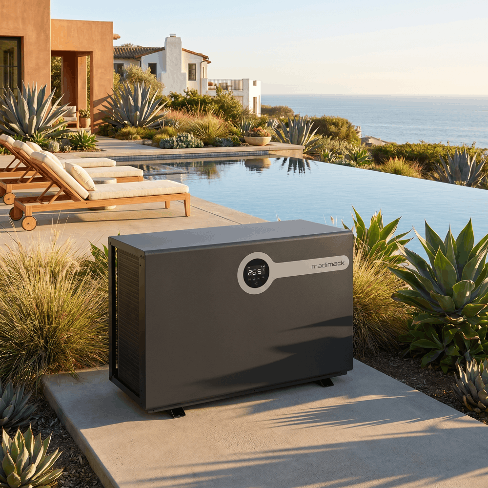 Madimack InverElite 84K BTU heat pump by a pool in Malibu