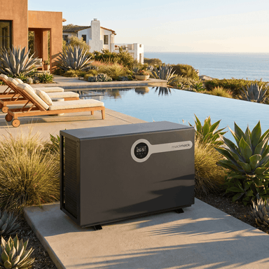 Madimack InverElite 84K BTU heat pump by a pool in Malibu
