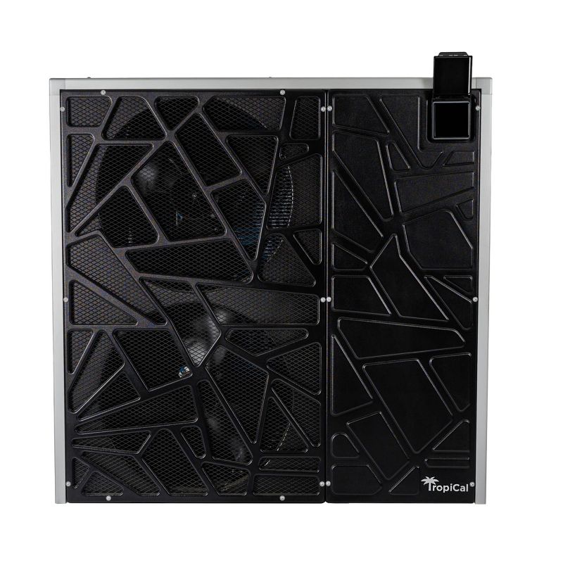 Black geometric-patterned heat pump with TropiCal branding on a white background