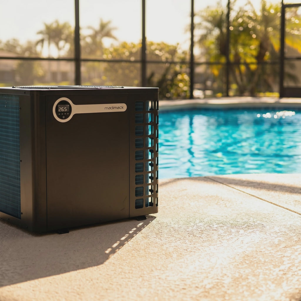 Madimack 140 BTU heater by a pool